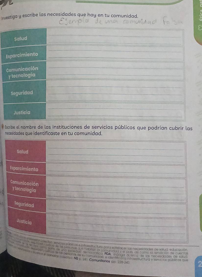 Investiga y escribe las necesidades que hay en tu comunidad. 
_ 
_ 
_ 
Salud 
_ 
_ 
_ 
Esparcimiento_ 
_ 
_ 
Comunicación_ 
_ 
y tecnología_ 
_ 
Seguridad_ 
_ 
_ 
_ 
_ 
Justicia 
_ 
Escribe el nombre de las instituciones de servicios públicos que podrían cubrir las 
necesidades que identificaste en tu comunidad. 
_ 
_ 
_ 
_ 
Salud 
_ 
_ 
_ 
Esparcimiento_ 
Comunicación_ 
_ 
y tecnología_ 
_ 
Seguridad 
Justicia 
_ 
_ 
_ 
_ 
_ 
_ 
ns e peresta cectivo, servicos públicos e infraestructura para sotisfacer las necesidades de salud, educación 
nd yasficia de las perzonas que hablan la comunidad y el país, así como la rendición de cuentas 
birte de una sogiedad democrática PDA , indaga acerca de las necesidades de salua 
a el nicia de las personas de su comunidad, e identífica la infraestructura y servicias públicos que 
l alpartal el biervistar colectivo. NS p. 241. Comunifarios pp. 228-243