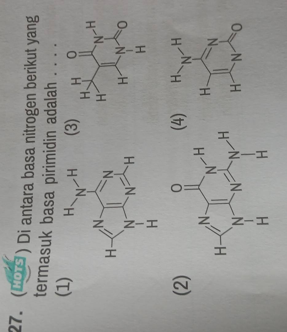 (Mots ) Di antara basa nitrogen berikut yang
termasuk basa pirimidin adalah . . . .
(1)
(3) 
(2)
)