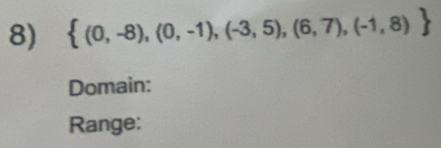  (0,-8),(0,-1),(-3,5),(6,7),(-1,8)
Domain: 
Range: