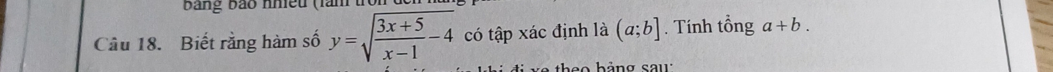 bảng bảo nhiều (làn 
Câu 18. Biết rằng hàm số y=sqrt(frac 3x+5)x-1-4 có tập xác định là (a;b]. Tính tổng a+b.