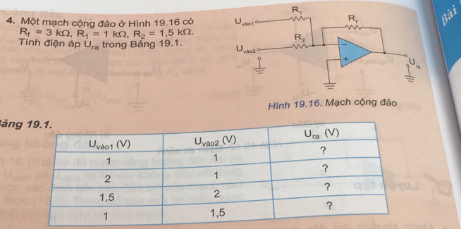 Một mạch cộng đảo ở Hình 19.16 có
Bài
R_f=3kOmega ,R_1=1kOmega ,R_2=1,5kOmega .
Tình điện áp U_ra trong Bảng 19.1. 
Hình 19.16. Mạch cộng đảo
ảng