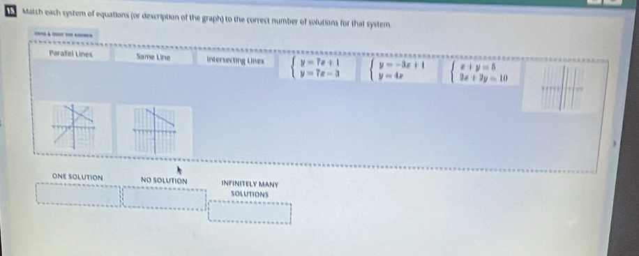 Match each system of equations (or description of the graph) to the correct number of solutions for that system
Paraliel Lines Same Line intersecting Lines beginarrayl y=7x+1 y=7x-3endarray. beginarrayl y=-3x+1 y=4xendarray. beginarrayl x+y=5 9x+9y=10endarray.
ONE SOLUTION NO SOLUTION INFINITELY MANY
SOLUTIONS