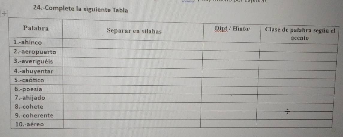 xprorar. 
24.-Complete la siguiente Tabla