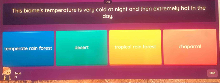 1/10
This biome's temperature is very cold at night and then extremely hot in the
day.
temperate rain forest desert tropical rain forest chaparral
Suad Skip
M