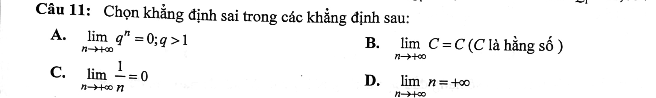 Chọn khẳng định sai trong các khẳng định sau:
A. limlimits _nto +∈fty q^n=0; q>1
B. limlimits _nto +∈fty C=C (C là hằng số )
C. limlimits _nto +∈fty  1/n =0
D. limlimits _nto +∈fty n=+∈fty