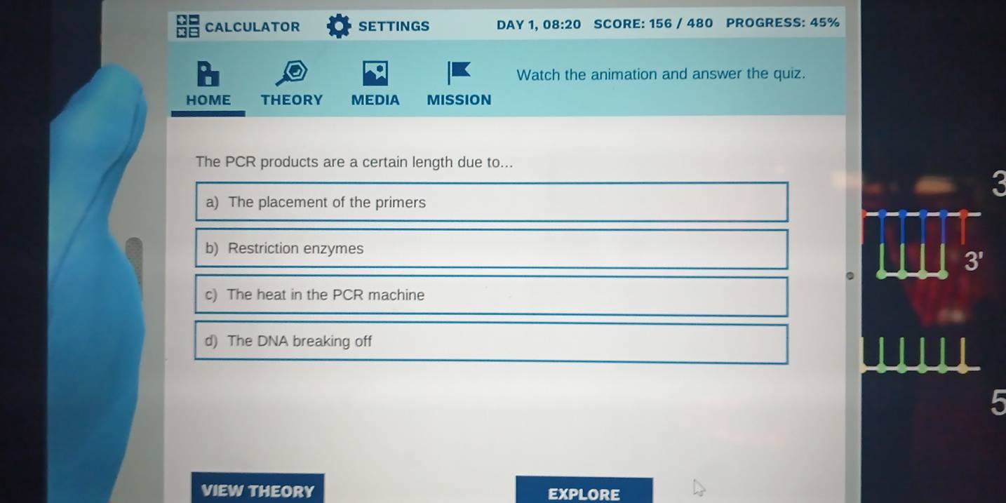 CALCULATOR SETTINGS DAY 1, 08:20 SCORE: 156 / 480 PROGRESS: 45% 
Watch the animation and answer the quiz. 
HOME THEORY MEDIA MISSION 
The PCR products are a certain length due to... 
a) The placement of the primers 
b) Restriction enzymes 
3' 
c) The heat in the PCR machine 
d) The DNA breaking off 
5 
VIEW THEORY EXPLORE