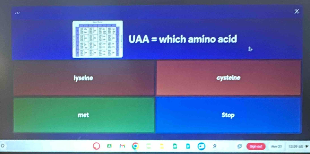 which amino acid
lyseine cysteine
met Stop
Noy
? 2:99 U5