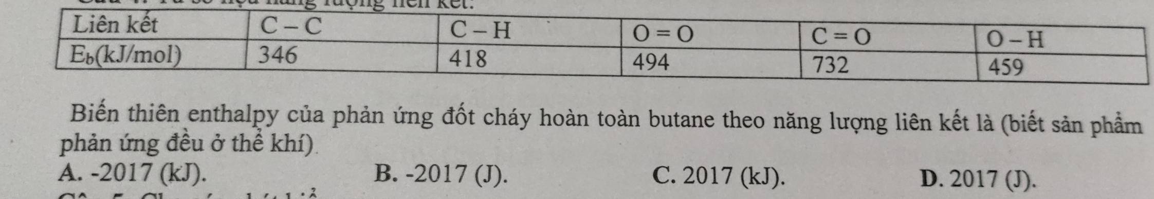 Biến thiên enthalpy của phản ứng đốt cháy hoàn toàn butane theo năng lượng liên kết là (biết sản phẩm
phản ứng đều ở thể khí)
A. -2017 (kJ). B. -2017 (J). C. 2017 (kJ). D. 2017 (J).