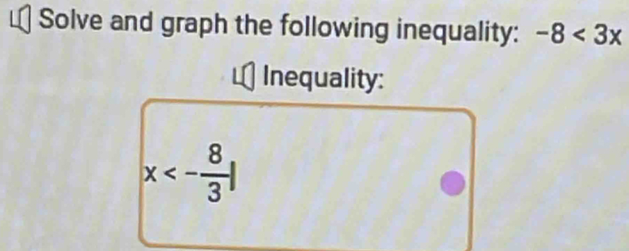 Solve and graph the following inequality: -8<3x</tex> 
Inequality:
x<- 8/3 |