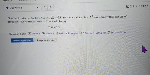 7 0/1 pt つ 3 
Find the P -value of the test statistic x_0^(2=6.1 for a two-tail test in a X^2) procedure with 8 degrees of 
freedom: (Round the answers to 3 decimal places)
P -value is □ 
Question Help: - Video 1 Video 2 - Written Example 1 - Message instructor ρ Post to forum 
Submit Question Jump to Answer