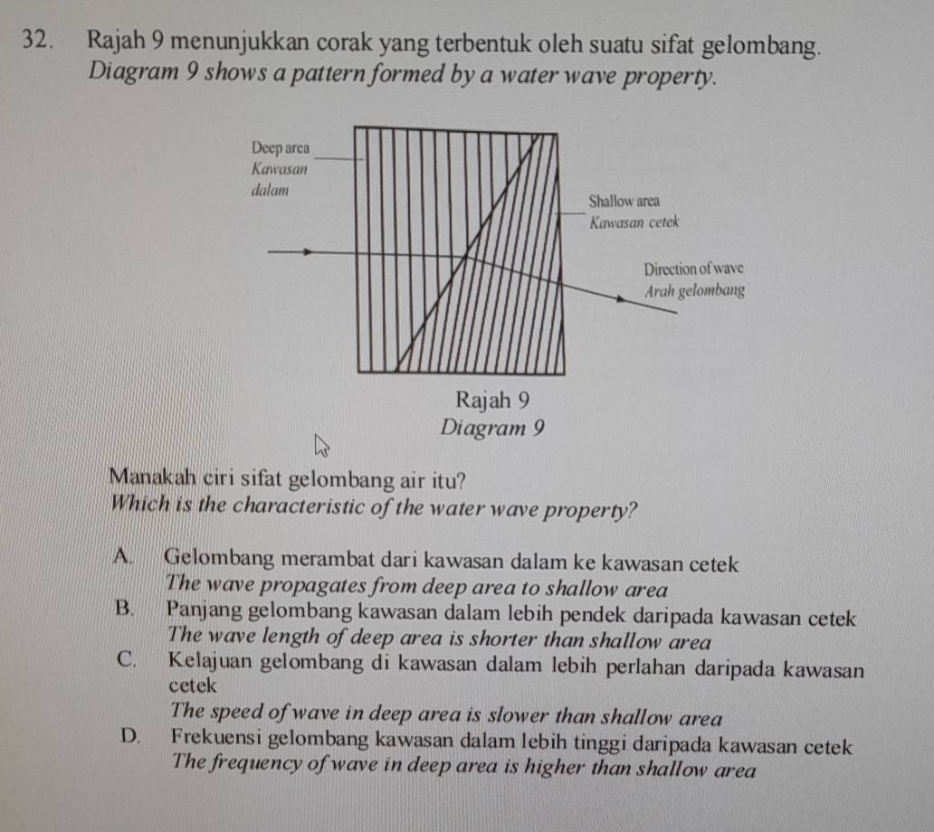 Rajah 9 menunjukkan corak yang terbentuk oleh suatu sifat gelombang.
Diagram 9 shows a pattern formed by a water wave property.
Manakah ciri sifat gelombang air itu?
Which is the characteristic of the water wave property?
A. Gelombang merambat dari kawasan dalam ke kawasan cetek
The wave propagates from deep area to shallow area
B. Panjang gelombang kawasan dalam lebih pendek daripada kawasan cetek
The wave length of deep area is shorter than shallow area
C. Kelajuan gelombang di kawasan dalam lebih perlahan daripada kawasan
cetek
The speed of wave in deep area is slower than shallow area
D. Frekuensi gelombang kawasan dalam lebih tinggi daripada kawasan cetek
The frequency of wave in deep area is higher than shallow area