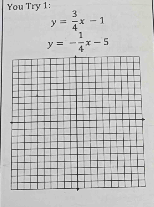 You Try 1:
y= 3/4 x-1
y=- 1/4 x-5