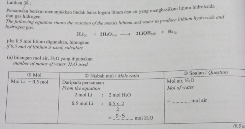 Latihan 38 :
Persamaan berikut menunjukkan tindak balas logam litium dan air yang menghasilkan litium hidroksida
dan gas hidrogen.
The following equation shows the reaction of the metals lithium and water to produce lithium hydroxide and
hydrogen gas.
2Li_(p)+2H_2O_(ce)to 2LiOH_(al)+H_2(g)
jika 0.5 mol litium digunakan, hitungkan
if 0.5 mol of lithium is used, calculate
(a) bilangan mol air, H_2O yang digunakan
number of moles of water, H_2O used
(0.5 n