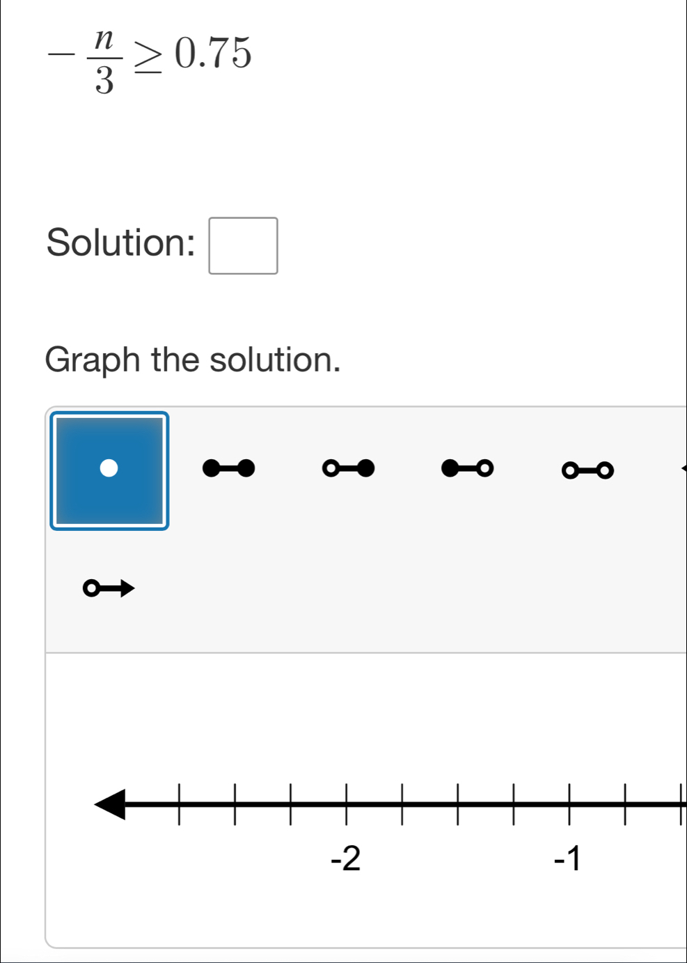 - n/3 ≥ 0.75
Solution: □ 
Graph the solution. 
● 
odot