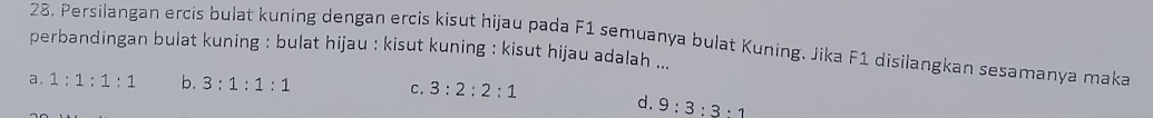 perbandingan bulat kuning : bulat hijau : kisut kuning : kisut hijau adalah ... 28. Persilangan ercis bulat kuning dengan ercis kisut hijau pada F1 semuanya bulat Kuning. Jika F1 disilangkan sesamanya maka
a. 1:1:1:1 b. 3:1:1:1 C. 3:2:2:1
d. 9:3:3:1