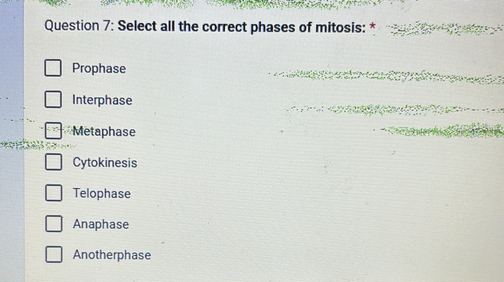 Select all the correct phases of mitosis: *
Prophase
Interphase
Metaphase
Cytokinesis
Telophase
Anaphase
Anotherphase