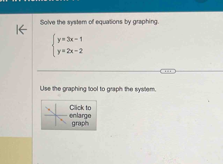 Solve the system of equations by graphing.
beginarrayl y=3x-1 y=2x-2endarray.
Use the graphing tool to graph the system. 
Click to 
enlarge 
graph