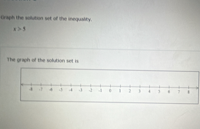 Graph the solution set of the inequality.
x≥slant 5
The graph of the solution set is