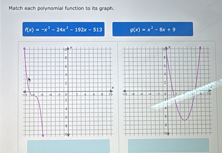 Match each polynomial function to its graph.
f(x)=-x^3-24x^2-192x-513 g(x)=x^2-8x+9