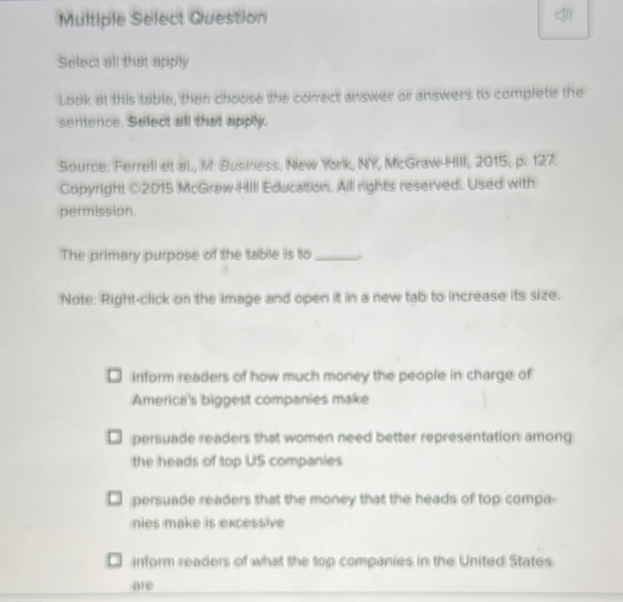 Multiple Select Question
p. 127.
Copyright ©2015 McGraw Hill Education. Alll rights reserved. Used with
permission.
The primary purpose of the table is to_
Note: Right-click on the image and open it in a new tab to increase its size.
inform readers of how much money the people in charge of
America's biggest companies make
persuade readers that women need better representation among
the heads of top US companies
= persuade readers that the money that the heads of top compa-
nies make is excessive
inform readers of what the top companies in the United States
are