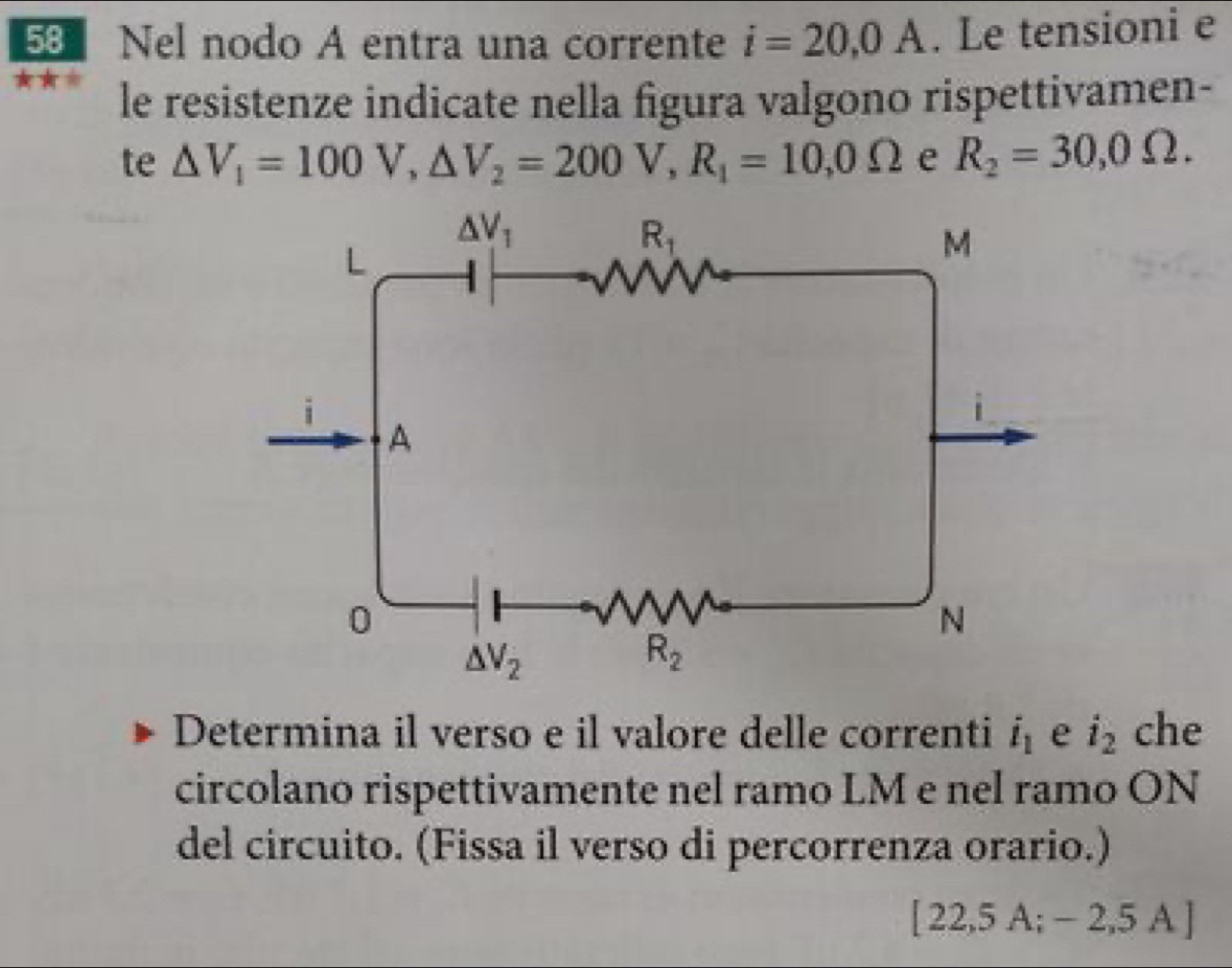 Nel nodo A entra una corrente i=20,0A. Le tensioni e
le resistenze indicate nella figura valgono rispettivamen-
te △ V_1=100V,△ V_2=200V,R_1=10,0Omega e R_2=30,0Omega .
Determina il verso e il valore delle correnti i_1 e i_2 che
circolano rispettivamente nel ramo LM e nel ramo ON
del circuito. (Fissa il verso di percorrenza orario.)
[22,5A;-2,5A]