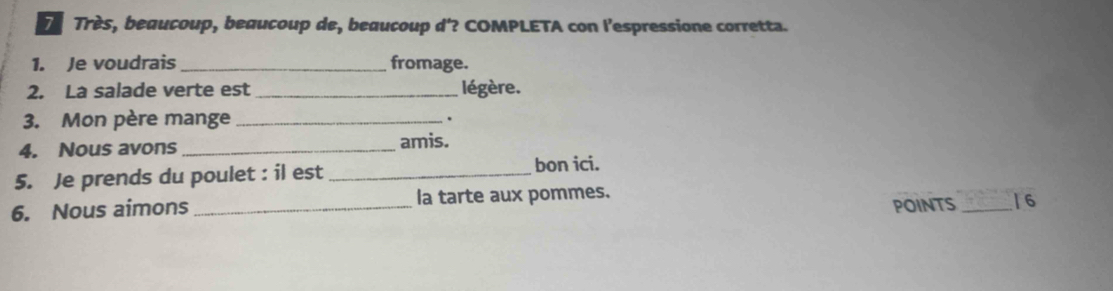 Très, beaucoup, beaucoup de, beaucoup d'? COMPLETA con l'espressione corretta. 
1. Je voudrais_ fromage. 
2. La salade verte est _légère. 
3. Mon père mange _. 
4. Nous avons _amis. 
5. Je prends du poulet : il est _bon ici. 
6. Nous aimons _la tarte aux pommes. POINTS _ 16