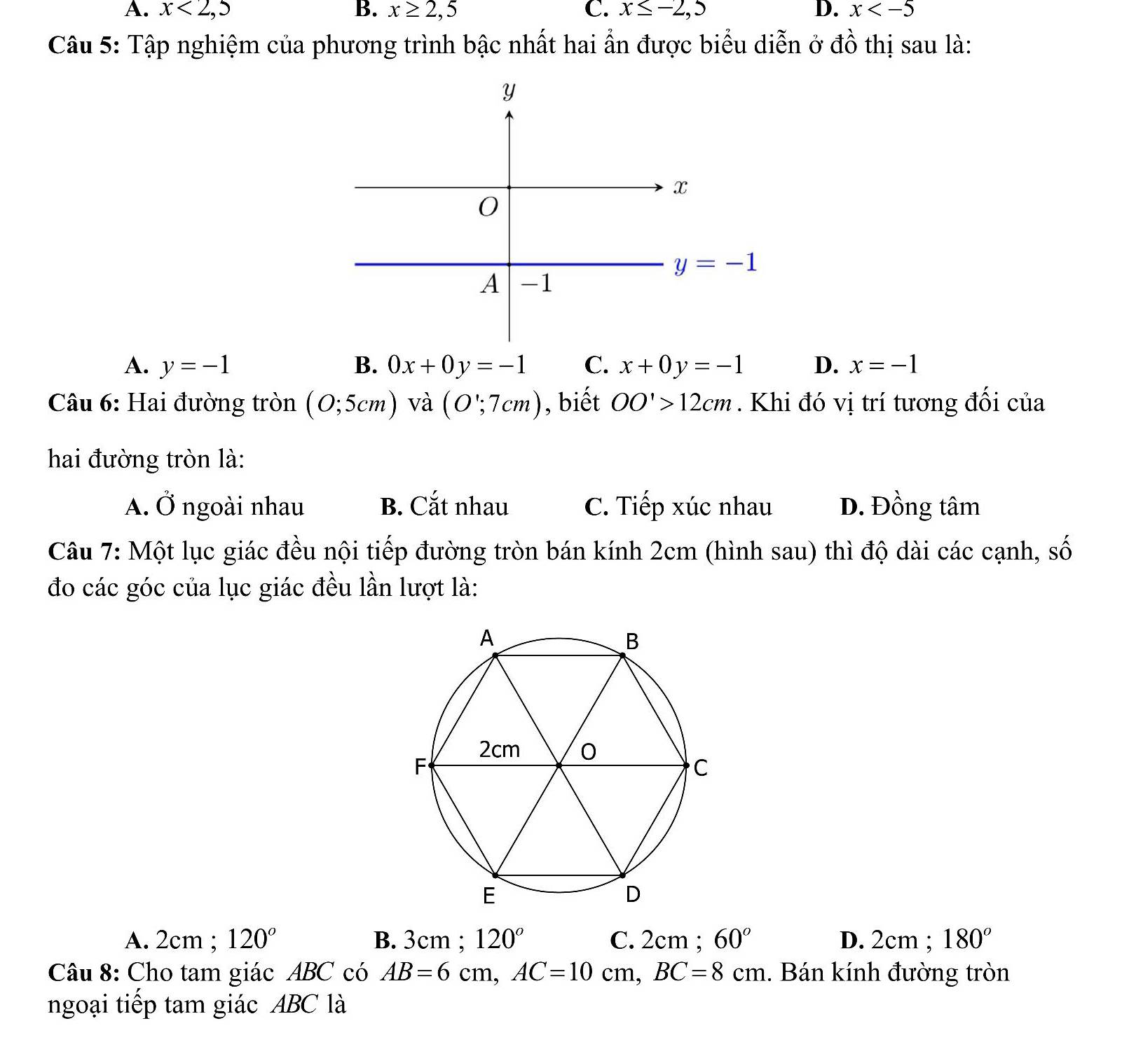 A. x<2,5 B. x≥ 2,5 C. x≤ -2,5 D. x
Câu 5: Tập nghiệm của phương trình bậc nhất hai ẩn được biểu diễn ở đồ thị sau là:
A. y=-1 B. 0x+0y=-1 C. x+0y=-1 D. x=-1
Câu 6: Hai đường tròn (0;5cm) và (O∵ 7cm) , biết OO'>12cm. Khi đó vị trí tương đối của
hai đường tròn là:
A. dot C ) ngoài nhau B. Cắt nhau C. Tiếp xúc nhau D. Đồng tâm
Câu 7: Một lục giác đều nội tiếp đường tròn bán kính 2cm (hình sau) thì độ dài các cạnh, số
đo các góc của lục giác đều lần lượt là:
A. 2cm ; 120° B. 3cm ; 120° C. 2cm ; 60° D. 2cm ; 180^o
Câu 8: Cho tam giác ABC có AB=6cm,AC=10cm,BC=8cm. Bán kính đường tròn
ngoại tiếp tam giác ABC là