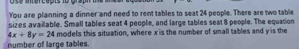 Ose intercepts to graph the i 
You are planning a dinner and need to rent tables to seat 24 people. There are two table 
sizes available. Small tables seat 4 people, and large tables seat 8 people. The equation
4x+8y=24 models this situation, where x is the number of small tables and y is the 
number of large tables.