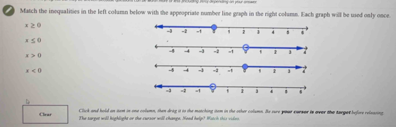 more or less (including zero) depending on your answer 
Match the inequalities in the left column below with the appropriate number line graph in the right column. Each graph will be used only once.
x≥ 0
x≤ 0
x>0
x<0</tex>
-1 1 2 3 4
Click and hold an item in one column, then drag it to the matching item in the other column. Be sure your cursor is over the target before releasing 
Clear The target will highlight or the cursor will change. Need help? Watch this video.