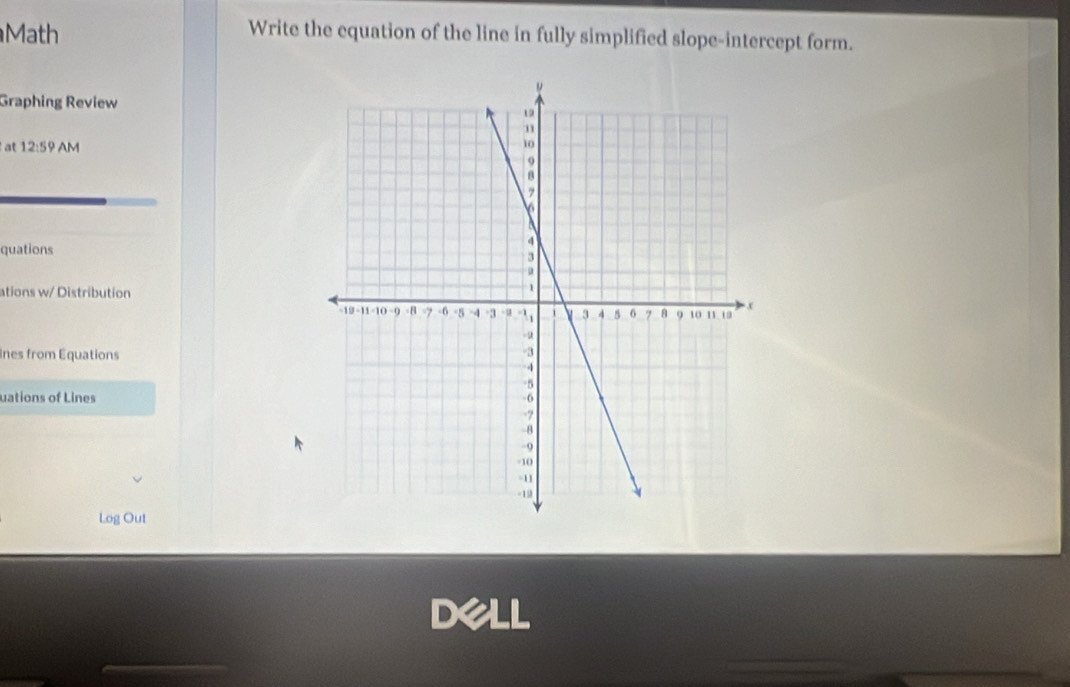 Math Write the equation of the line in fully simplified slope-intercept form. 
Graphing Review 
at 12:59 AM 
quations 
ations w/ Distribution 
ines from Équations 
uations of Lines 
Log Out 
dell