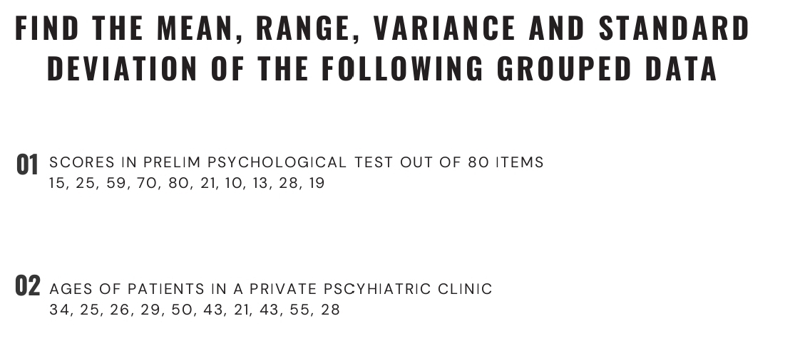 FIND THE MEAN, RANGE, VARIANCE AND STANDARD 
DEVIATION OF THE FOLLOWING GROUPED DATA 
01 scOres in prelim psychOlOGicaL tesT out oF 80 items
15, 25, 59, 70, 80, 21, 10, 13, 28, 19
02 ages of patients in a private pscyhiatric clinic
34, 25, 26, 29, 50, 43, 21, 43, 55, 28