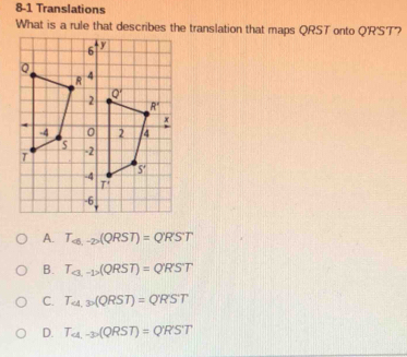 8-1 Translations
What is a rule that describes the translation that maps QRST onto Q'R'ST?
A. T_ -2(QRST)=QRST
B. T_ (QRST)=QRST
C. T_4,30(QRST)=QRST
D. T_(Q-_3(QRST)=Q'RS'T