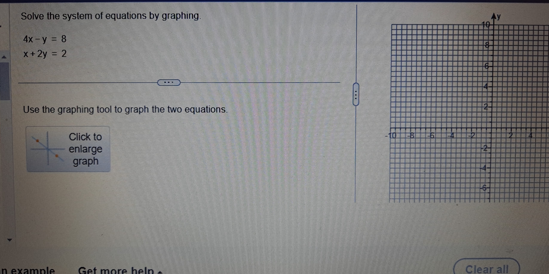 Solve the system of equations by graphing.
4x-y=8
x+2y=2
Use the graphing tool to graph the two equations
Click to 
enlarge
graph
n example Get more heln Clear all