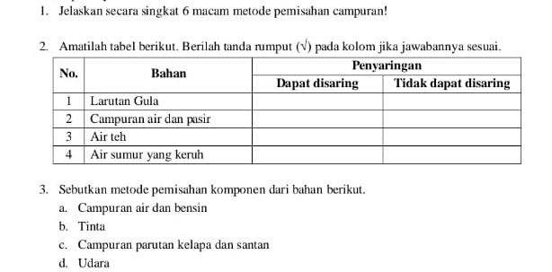 Jelaskan secara singkat 6 macam metode pemisahan campuran! 
2. Amatilah tabel berikut. Berilah tanda rumput (√) pada kolom jika jawabannya sesuai. 
3. Sebutkan metode pemisahan komponen dari bahan berikut. 
a. Campuran air dan bensin 
b. Tinta 
c. Campuran parutan kelapa dan santan 
d. Udara