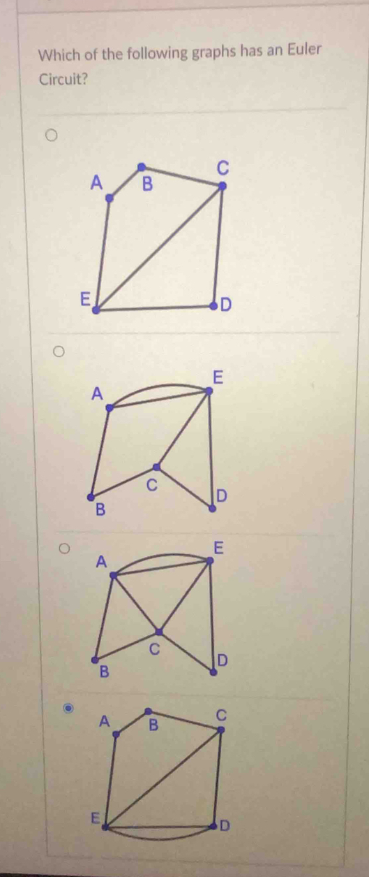 Which of the following graphs has an Euler 
Circuit?