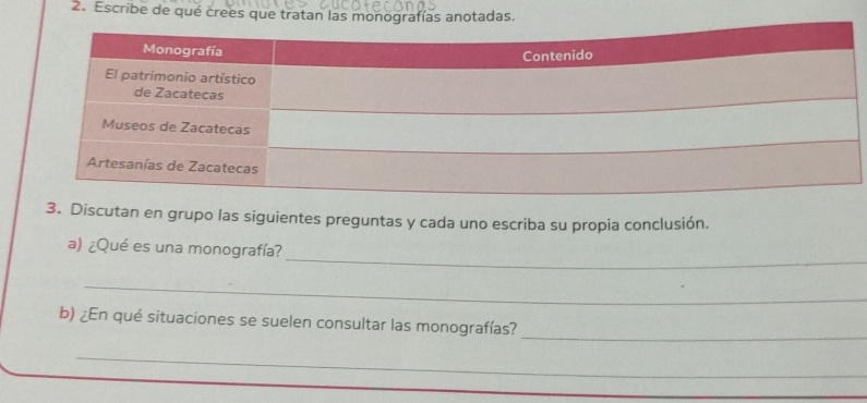 Escribe de qué crees que tratan las monografías anotadas. 
3. Discutan en grupo las siguientes preguntas y cada uno escriba su propia conclusión. 
_ 
a) ¿Qué es una monografía? 
_ 
_ 
b) ¿En qué situaciones se suelen consultar las monografías? 
_ 
_