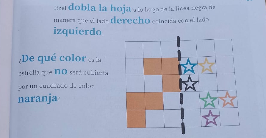 Itzel dobla la hoja a lo largo de la línea negra de 
manera que el lado derecho coincida con el lado 
izquierdo 
De qué color es la 
estrella que nO será cubierta 
por un cuadrado de color 
naranja