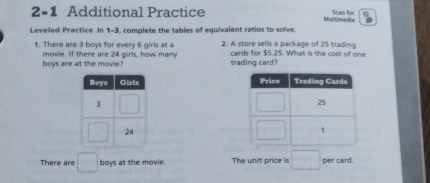 2-1 Additional Practice Multimedia Scan for 
Leveled Practice In 1-3, complete the tables of equivalent ratios to solve 
1. There are 3 boys for every 6 girls at a 2. A store sells a package of 25 trading 
movie. If there are 24 girls, how many cards for $5.25. What is the cost of one 
boys are at the movie? trading card? 

There are boys at the movie. The unit price is° per card.