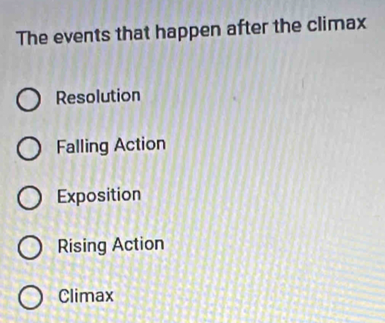 The events that happen after the climax
Resolution
Falling Action
Exposition
Rising Action
Climax