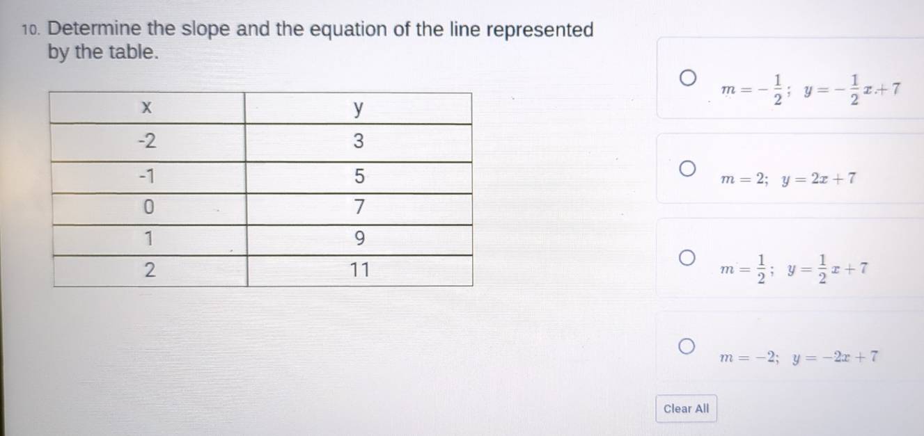 Determine the slope and the equation of the line represented
by the table.
m=- 1/2 ; y=- 1/2 x+7
m=2; y=2x+7
m= 1/2 ; y= 1/2 x+7
m=-2; y=-2x+7
Clear All