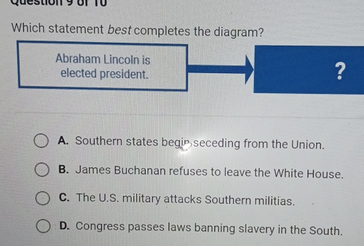 Which statement best completes the diagram?
A. Southern states begin seceding from the Union.
B. James Buchanan refuses to leave the White House.
C. The U.S. military attacks Southern militias.
D. Congress passes laws banning slavery in the South.