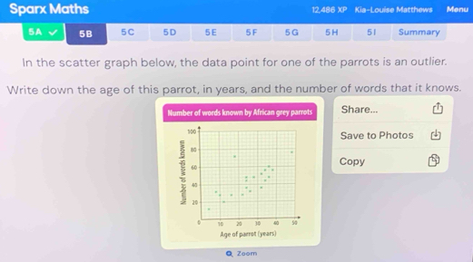 Sparx Maths 12,486 XP Kia-Louise Matthews Menu 
5A 5B 5C 5D 5 E 5 F 5G 5 H 51 Summary 
In the scatter graph below, the data point for one of the parrots is an outlier. 
Write down the age of this parrot, in years, and the number of words that it knows. 
Number of words known by African grey parrots Share...
100 Save to Photos
80
60
Copy
20
0 10 20 30 -00 50
Age of parrot (years) 
Q Zoom