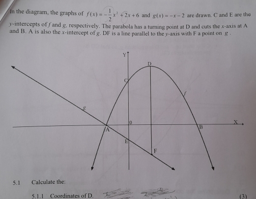 In the diagram, the graphs of f(x)=- 1/2 x^2+2x+6 and g(x)=-x-2 are drawn. C and E are the
y-intercepts offand g. respectively. The parabola has a turning point at D and cuts the x-axis at A
and B. A is also the x-intercept of g. DF is a line parallel to the y-axis with F a point on g.
5.1 Calculate the:
5.1.1 Coordinates of D. (3)