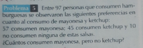 Problemal5-Entre 97 personas que consumen ham- 
burguesas se observaron las siguientes preferencias en 
cuanto al consumo de mayonesa y ketchup:
57 consumen mayonesa; 45 consumen ketchup y 10
no consumen ninguna de estas salsas. 
&Cuántos consumen mayonesa, pero no ketchup?