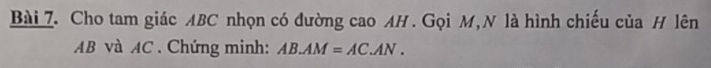 Cho tam giác ABC nhọn có đường cao AH. Gọi M,N là hình chiếu của H lên
AB và AC. Chứng minh: AB.AM=AC.AN.