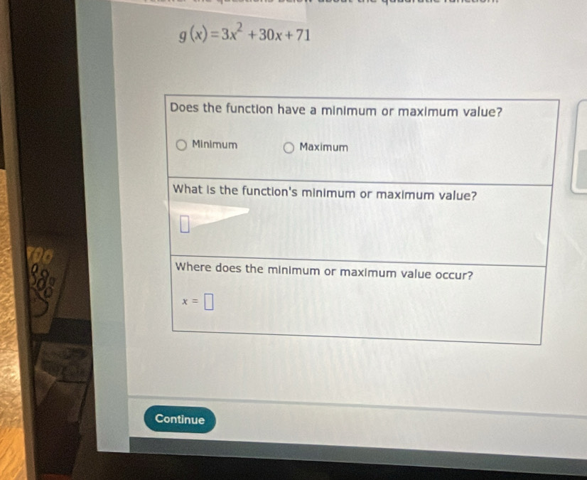 g(x)=3x^2+30x+71
Continue