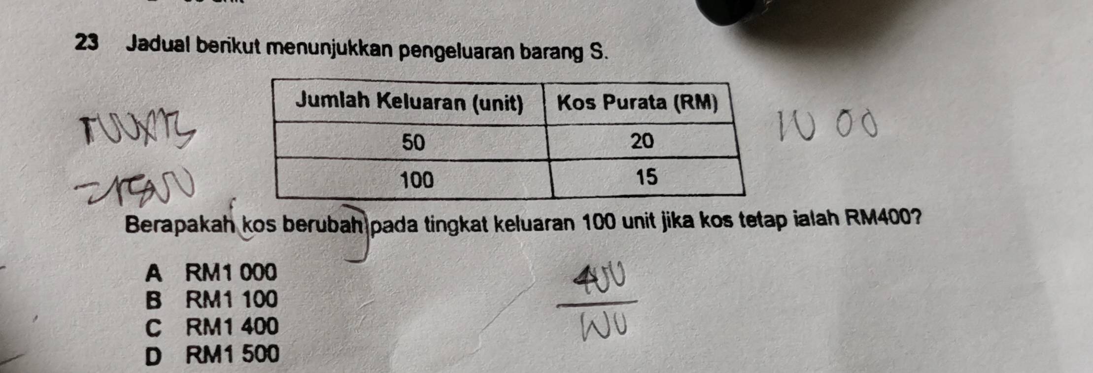 Jadual berikut menunjukkan pengeluaran barang S.
Berapakah kos berubah pada tingkat keluaran 100 unit jika kos tetap ialah RM400?
A RM1 000
B RM1 100
C RM1 400
D RM1 500