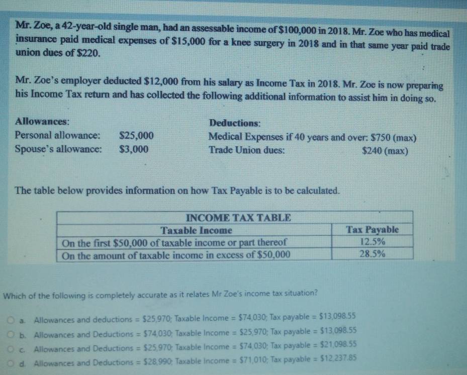 Mr. Zoe, a 42 -year-old single man, had an assessable income of $100,000 in 2018. Mr. Zoe who has medical
insurance paid medical expenses of $15,000 for a knee surgery in 2018 and in that same year paid trade
union dues of $220.
Mr. Zoe’s employer deducted $12,000 from his salary as Income Tax in 2018. Mr. Zoe is now preparing
his Income Tax return and has collected the following additional information to assist him in doing so.
Allowances: Deductions:
Personal allowance: $25,000 Medical Expenses if 40 years and over: $750 (max)
Spouse’s allowance: $3,000 Trade Union dues: $240 (max)
The table below provides information on how Tax Payable is to be calculated.
Which of the following is completely accurate as it relates Mr Zoe's income tax situation?
a. Allowances and deductions =$25,970; Taxable Income =$74,030; Tax payable =$13,098.55
b. Allowances and Deductions =$74,030 Taxable Income =$25,970; Tax payable =$13,098.55
c. Allowances and Deductions =$25,970; Taxable Income =$74,030; Tax payable = $21,098.55
d. Allowances and Deductions = $28,990 Taxable Income =$71,010; Tax payable = $12,237.85