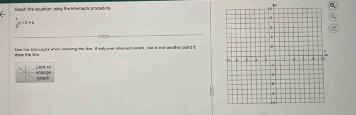 Graph the equation using the intercepts procedure. Ay Q
 1/3 y=2+x
Q 
Use the intercepts when drawing the line. If only one intercept exists, use it and another point to 
draw the line 
lick to 
nlarge 
graph