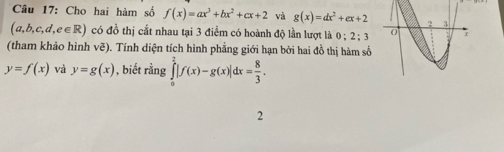 Cho hai hàm số f(x)=ax^3+bx^2+cx+2 và g(x)=dx^2+ex+2
(a,b,c,d,e∈ R) có đồ thị cắt nhau tại 3 điểm có hoành độ lần lượt là 0; 2; 3
(tham khảo hình vẽ). Tính diện tích hình phẳng giới hạn bởi hai đồ thị hàm số
y=f(x) và y=g(x) , biết rằng ∈tlimits _0^(2|f(x)-g(x)|dx=frac 8)3. 
2